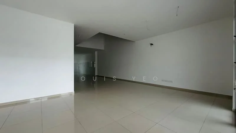 Room features: white painted walls, cream tiled flooring, recessed ceiling lights, open layout, large open space, no visible furniture, neutral color scheme, smooth ceiling; style: modern.