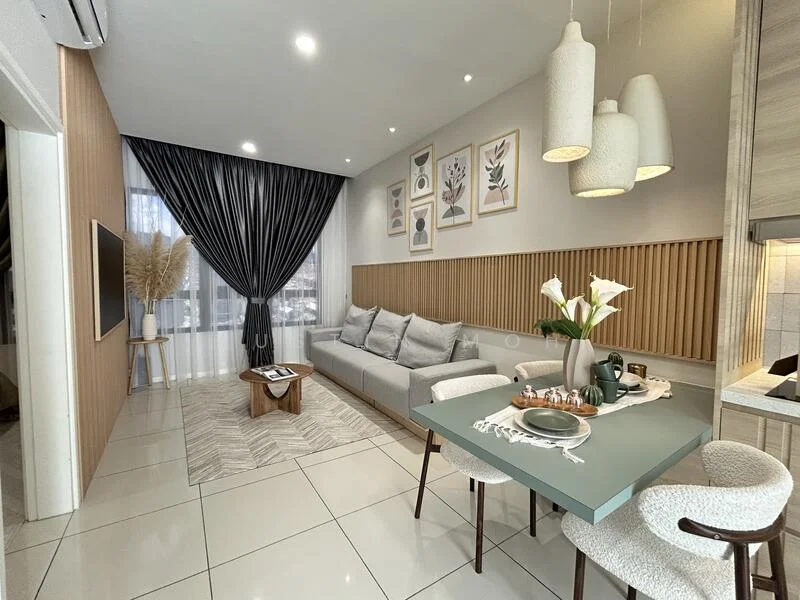Living features: grey fabric sofa, wood coffee table, area rug with geometric pattern, wall-mounted TV, floor-to-ceiling windows with sheer curtains, wood panel accent wall, recessed downlights, 3 pendant lights, dining table with green tabletop, 4 upholstered dining chairs, decorative wall art, potted plants; style: modern; view: city.