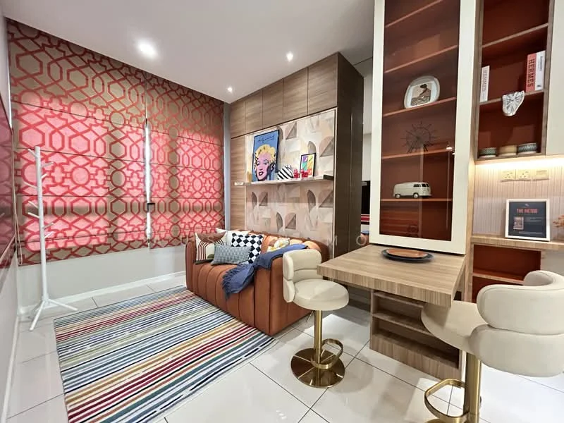 Living features: orange leather sofa, striped area rug, wooden shelving unit, decorative wall art, floor-to-ceiling windows with patterned sheer curtains, golden bar stools, wooden desk, recessed downlights, wall-mounted decor, neutral tiled flooring; style: modern.