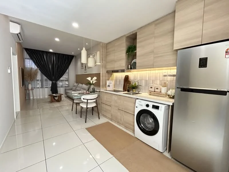 Kitchen features: white cabinetry, wooden cabinetry, stainless-steel fridge, built-in washing machine, white countertop, tile backsplash, recessed downlights, marble tile flooring, open-plan layout, dining table with chairs, decorative plants, grey sofa, floor-to-ceiling windows with sheer curtains; style: modern; view: city.