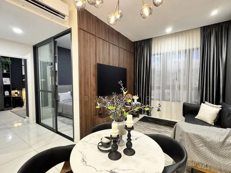 Living features: black leather sofa, marble-top dining table, 4 black dining chairs, wood feature wall, wall-mounted TV, floor-to-ceiling windows with sheer curtains, recessed downlights, decorative vase with flowers, candles on table, grey area rug, white tiled flooring, split air conditioning unit; style: modern; view: city. Room features: glass partition wall, dark wood cabinetry, decorative items on shelves.