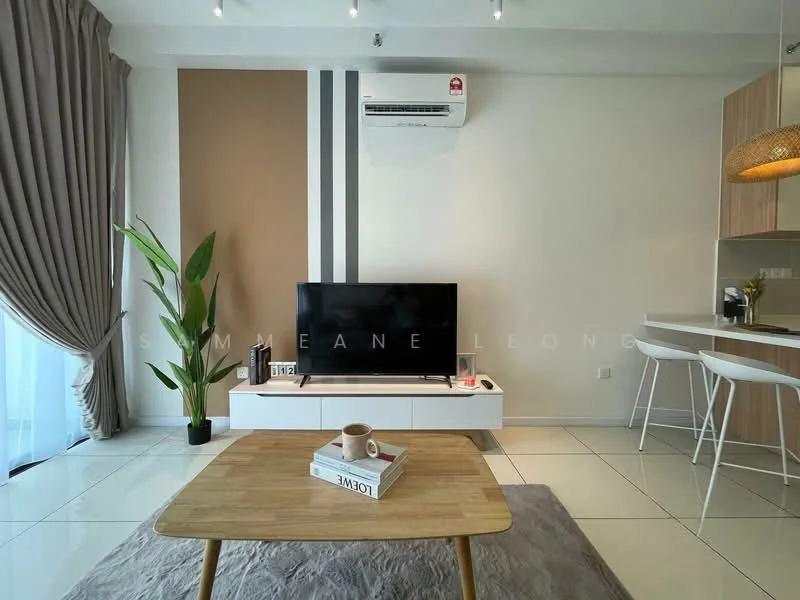 Living features: white walls, cream accent wall, floor-to-ceiling windows, curtains, light-colored tile flooring, wall-mounted TV, white TV console, wooden coffee table, area rug with neutral color, indoor plant, recessed downlights, 1 wall-mounted split AC; style: modern.