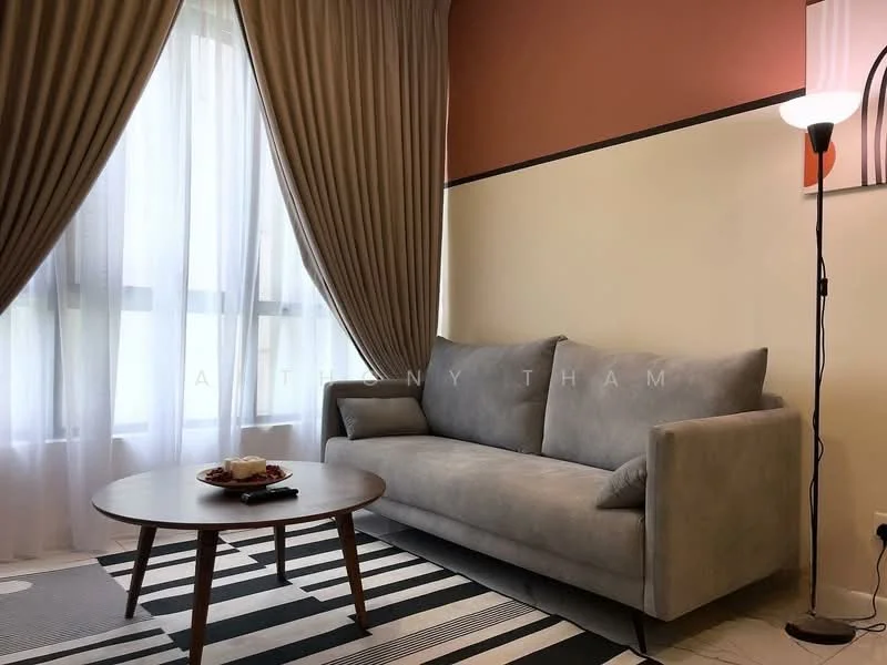 Living features: 3-seater fabric sofa in light grey, round wooden coffee table, area rug with striped pattern, floor-to-ceiling window with sheer curtains, curtains in beige, wall-mounted lamp, painted accent wall in terracotta, cream painted walls, light-colored flooring; style: modern.
