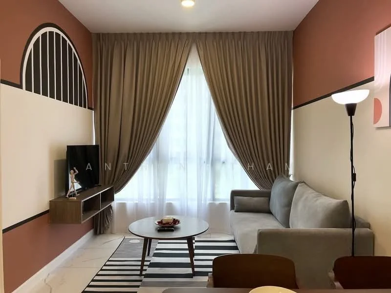 Living features: grey fabric sofa, round coffee table, TV console, wall-mounted TV, floor-to-ceiling windows, sheer curtains, dark wood flooring, striped area rug, decorative wall art, recessed ceiling lights, accent wall with terracotta color, neutral painted walls; style: modern.