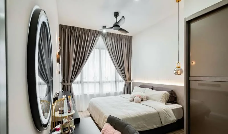 Bedroom features: queen-size bed with white bedding, upholstered headboard, floor-to-ceiling windows, sheer curtains, dark grey accent wall, 3-blade ceiling fan, wall-mounted mirror, decorative wall lighting, nightstand with decorative items, built-in wardrobe with sliding doors, wooden flooring; style: modern.