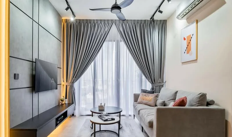 Living features: grey fabric sofa, round coffee table, wall-mounted TV, black TV console, 5-blade ceiling fan with light, recessed LED downlights, floor-to-ceiling windows, sheer curtains, decorative wall art, area rug with geometric pattern, light-colored walls, wooden flooring; style: modern.