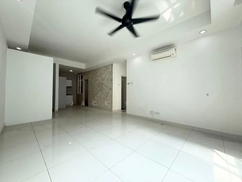 Living features: white painted walls, glossy white tile flooring, 5-blade ceiling fan, recessed downlights, wall-mounted air conditioning unit, open layout, natural light from windows, neutral color scheme; style: modern.