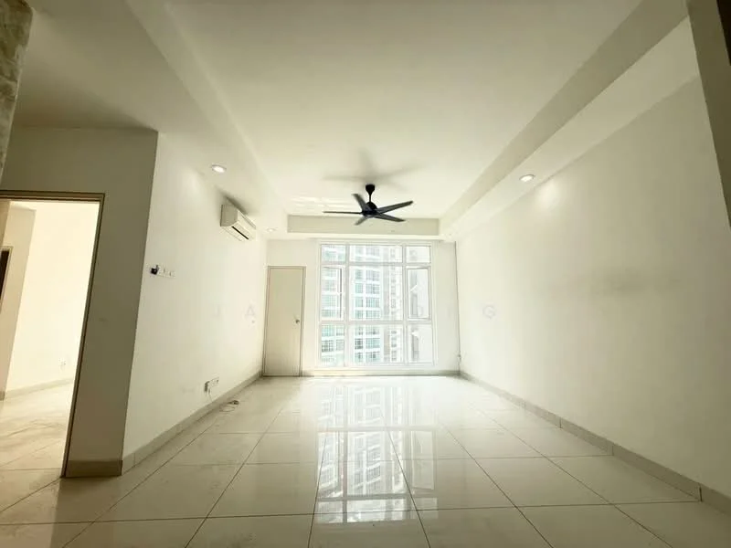 Living features: white painted walls, marble tile flooring, 5-blade ceiling fan, recessed LED downlights, floor-to-ceiling windows, sliding glass door, natural light, neutral color palette; style: modern; view: city.