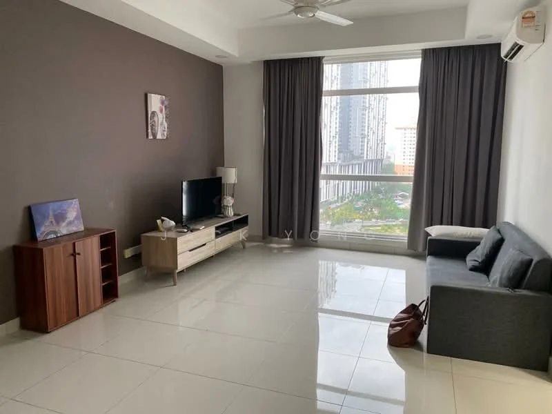 Living features: grey accent wall, white painted walls, polished ceramic tile flooring, 5-blade ceiling fan, floor-to-ceiling windows, curtains, wall-mounted TV, TV console with storage, sofa in grey fabric, side table with lamp, wooden cabinet, decorative artwork; style: modern; view: city.