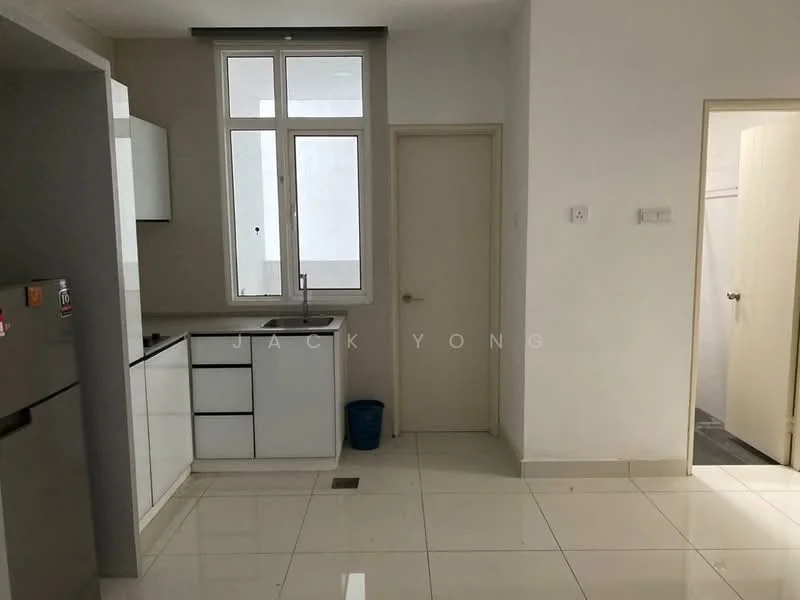 Kitchen features: white cabinetry, stainless-steel sink, chrome pull-down faucet, grey countertop, ceramic tile flooring, refrigerator, window with natural light, open layout; style: modern. Room features: white painted walls, door leading to another room, tile flooring.