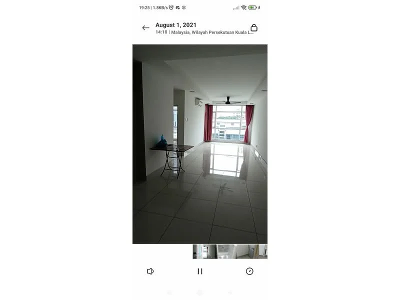 Living features: glossy tile flooring, white painted walls, ceiling fan, large windows with city view, red curtains, open layout, dining table, air conditioning unit; style: modern; view: city.