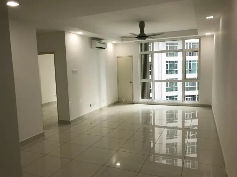 Living features: white painted walls, glossy ceramic tile flooring, 5-blade ceiling fan with light, floor-to-ceiling windows, sliding glass door, wall-mounted split AC, recessed downlights, neutral color scheme; style: modern.