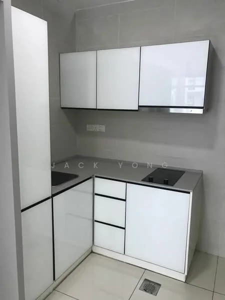 Kitchen features: white glossy cabinetry, grey countertop, single-bowl stainless-steel sink, chrome pull-down faucet, built-in stove, tile backsplash, white tiled flooring, under-cabinet lighting; style: modern.