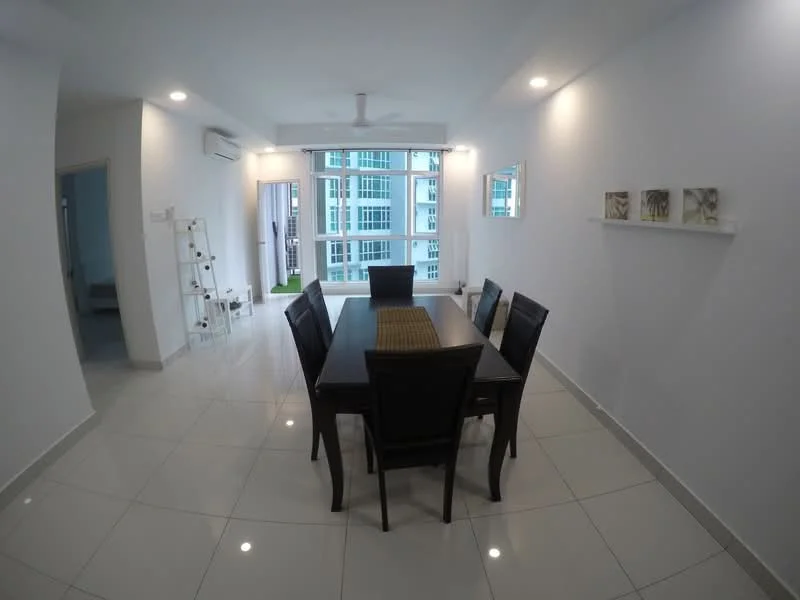 Dining features: dining table with 6 chairs, white painted walls, glossy ceramic tile flooring, ceiling fan, recessed downlights, large windows with city view, decorative wall shelf, decorative artwork on wall; style: modern; view: city.