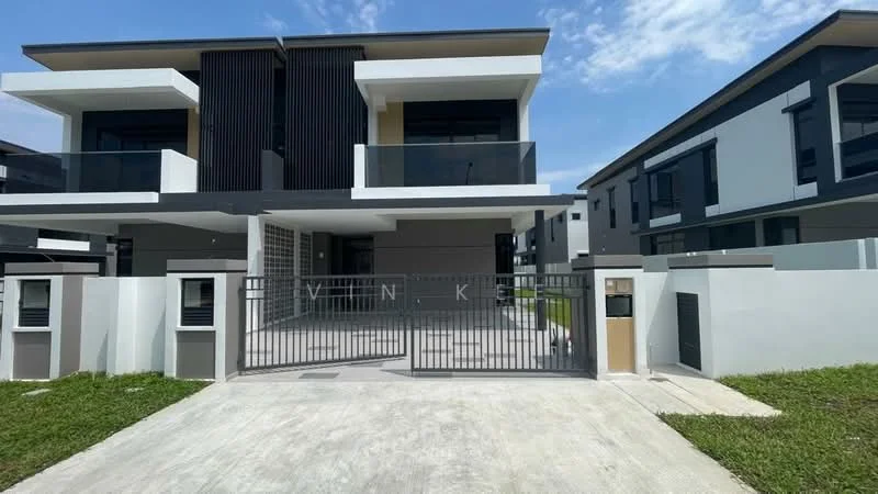 Exterior type: semi-detached house; features: two-storey structure, white painted facade, black accent panels, glass balcony railings, manicured lawn, paved driveway, gated entrance, modern architectural design, surrounded by greenery; style: modern.
