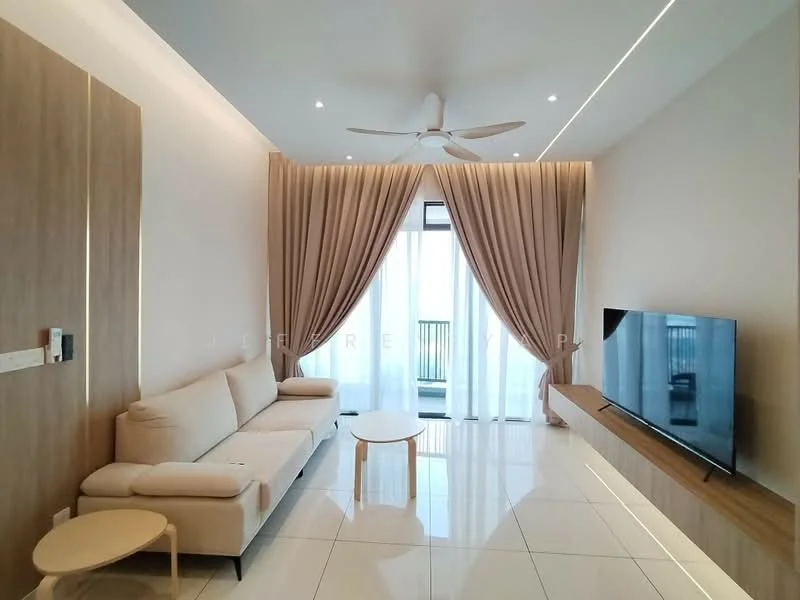 Living features: light-colored fabric sofa, round coffee table, wall-mounted TV, TV console with wood finish, floor-to-ceiling windows, sheer curtains, recessed downlights, glossy white tile flooring, ceiling fan with light, neutral painted walls; style: modern.