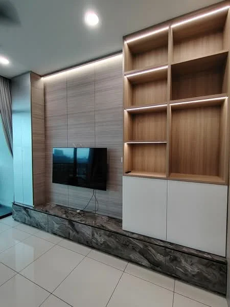 Living features: wall-mounted TV, built-in cabinetry with open shelving, white cabinetry with wood accents, marble base cabinet, light wood paneling, recessed LED lighting, large window with sheer curtains, glossy tile flooring; style: modern; view: city.