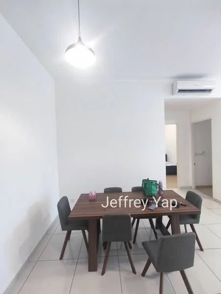 Dining features: rectangular wooden dining table, 6 upholstered dining chairs in grey, pendant light fixture, wall-mounted split AC, white painted walls, tile flooring, neutral decor; style: modern.