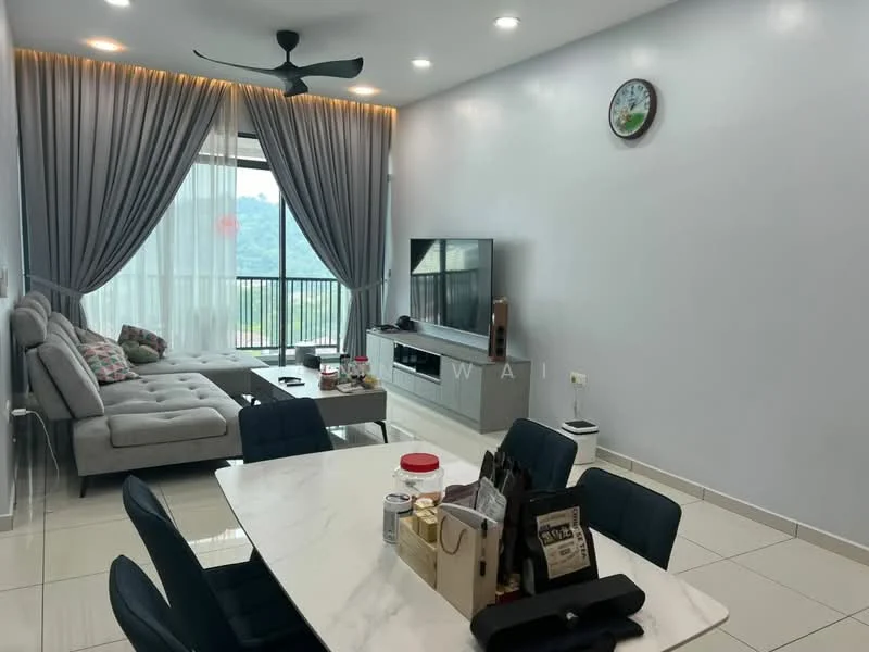 Living features: grey fabric sectional sofa, decorative cushions, white marble dining table, black dining chairs, wall-mounted TV, TV console, floor-to-ceiling windows, sheer curtains, recessed downlights, ceiling fan, light grey painted walls, tile flooring, wall clock; style: modern; view: mountain.