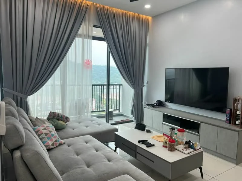 Living features: L-shape sectional sofa in grey, coffee table, wall-mounted TV, TV console, floor-to-ceiling windows, sheer curtains, grey curtains, decorative cushions with geometric pattern, recessed downlights, light-colored tiled flooring, mountain view; style: modern; view: mountain.