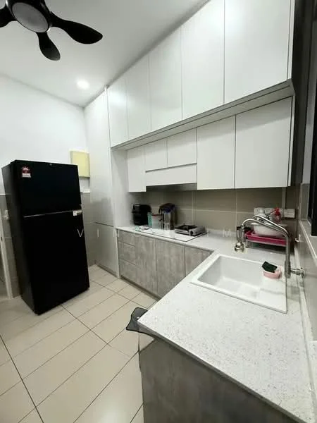 Kitchen features: white shaker cabinets, grey laminate cabinetry, stainless-steel sink, chrome pull-down faucet, black fridge, built-in stove, granite countertop, tile backsplash, recessed downlights, wall-mounted ceiling fan, ceramic tile flooring; style: modern.