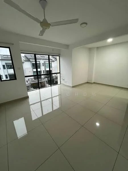 Living features: white painted walls, glossy ceramic tile flooring, 5-blade ceiling fan, floor-to-ceiling windows, natural light from windows, neutral color scheme, open layout, no visible furniture; style: modern.