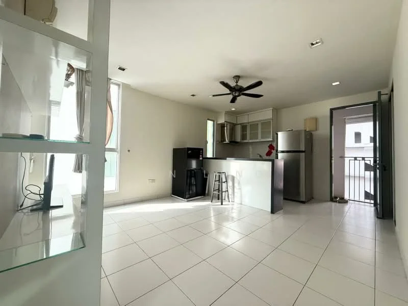 Kitchen features: white painted walls, white cabinetry, black countertop, stainless-steel fridge, freestanding range oven, single-bowl stainless-steel sink, chrome pull-down faucet, 3-blade ceiling fan, tile flooring, bar stool seating, open shelving, window with sheer curtains; style: modern. Living features: tile flooring, white painted walls, window with sheer curtains, open layout, TV console, wall-mounted TV; style: modern.