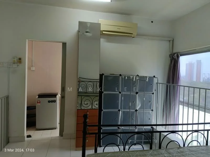 Room features: white painted walls, tile flooring, 1 wall-mounted split AC, large window with city view, curtains, metal bed frame, built-in wardrobe with sliding doors, small chest of drawers, refrigerator, mirror; style: modern; view: city.