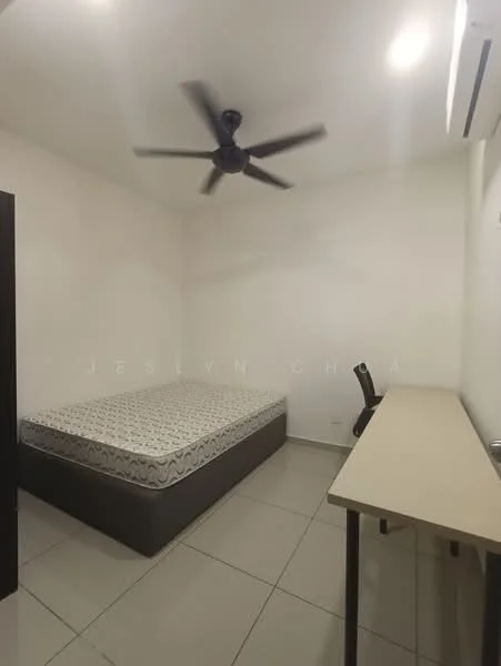 Bedroom features: queen-size bed with patterned mattress, ceiling fan, wall-mounted air conditioning unit, light-colored painted walls, tile flooring, study desk, black office chair, built-in wardrobe, window with no visible treatment; style: modern.
