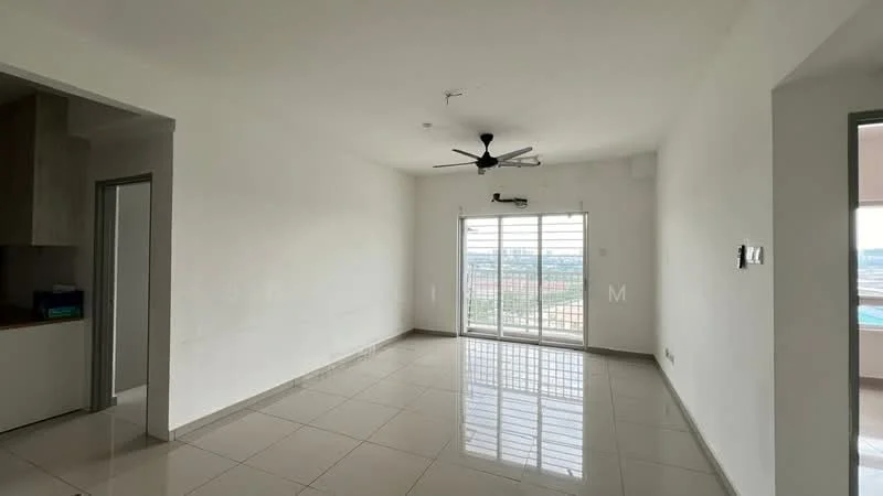 Living features: white painted walls, glossy ceramic tile flooring, 5-blade ceiling fan, sliding glass door, floor-to-ceiling windows, natural light, neutral color scheme, open layout; style: modern; view: city.