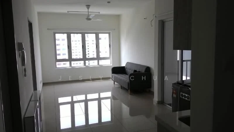 Living features: grey fabric sofa, 5-blade ceiling fan, large windows with city view, white painted walls, glossy tile flooring, TV console, natural light from windows, open layout, neutral decor; style: modern; view: city.