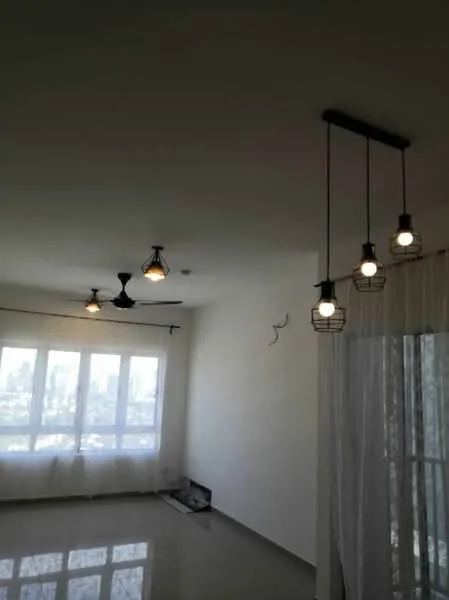 Room features: white painted walls, polished concrete flooring, 5-blade ceiling fan, 3 pendant lights with wire cages, floor-to-ceiling windows, sheer curtains, city view; style: modern; view: city.