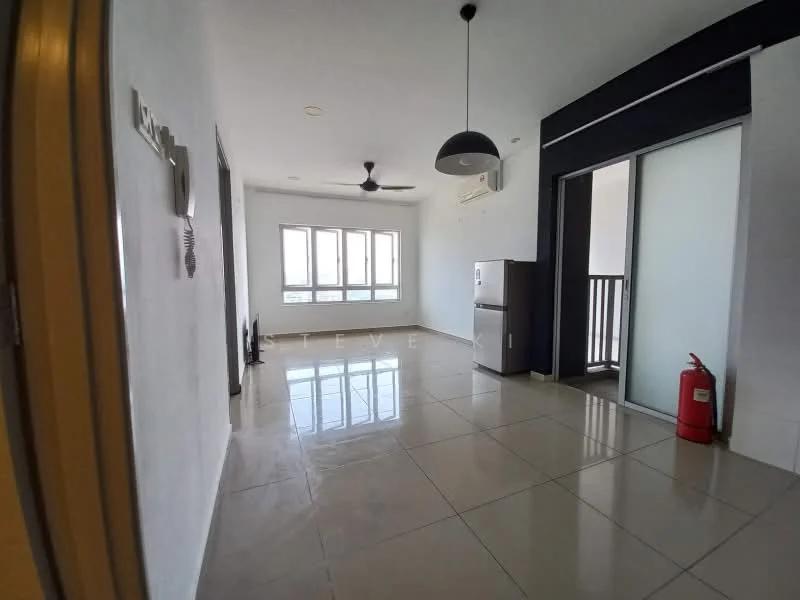 Living features: white painted walls, glossy ceramic tile flooring, 5-blade ceiling fan, pendant light, floor-to-ceiling windows, sliding glass door, air conditioning unit, refrigerator, fire extinguisher, open layout; style: modern; view: city.