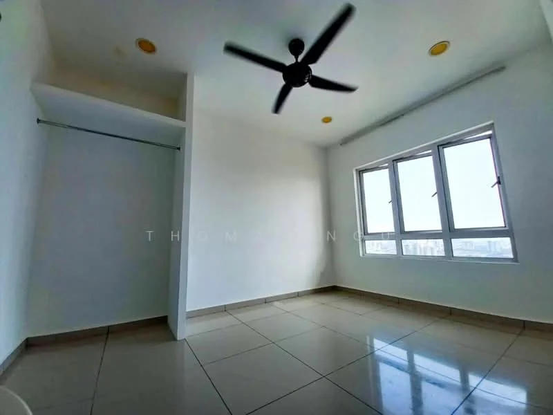Room features: white painted walls, tile flooring, ceiling fan, three windows, natural light, built-in wardrobe space, neutral color scheme, corner room; style: modern; view: city.