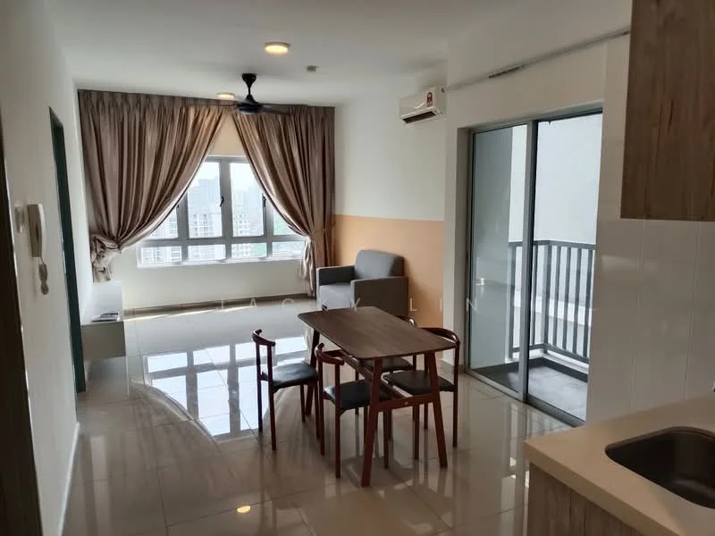 Living features: large floor-to-ceiling windows, grey fabric sofa, wooden dining table, 4 wooden dining chairs, cream painted walls, light brown accent wall, recessed downlights, white tiled flooring, ceiling fan, curtains, balcony door; style: modern; view: city.