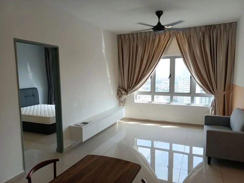 Living features: floor-to-ceiling windows, grey fabric sofa, wooden dining table, ceiling fan, light-coloured walls, white tiled flooring, curtains, wall-mounted TV console; style: modern; view: city. Bedroom features: queen-size bed, dark upholstered headboard, light-coloured walls, window with curtains; style: modern.