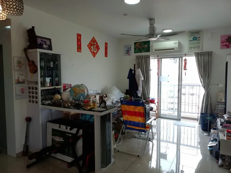Living features: white painted walls, glossy tile flooring, 5-blade ceiling fan with light, floor-to-ceiling windows, sliding glass door, curtains, decorative wall art, shelves with decorative items, globe, folding chair, dining table, various personal items; style: modern; view: city.