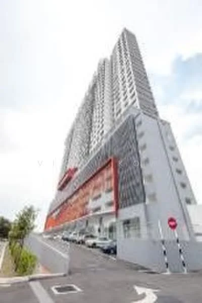 Exterior type: high-rise condominium; features: glass curtain wall, exposed concrete facade, red accent panels, approximately 20-storey high-rise, sloping driveway, open-air parking lot; style: modern.