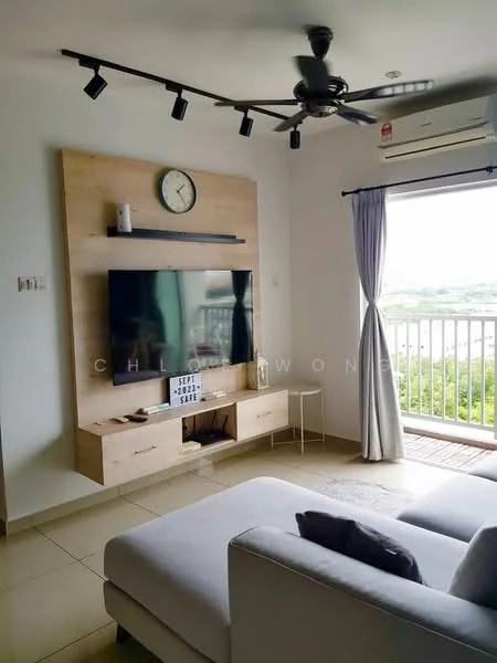 Living features: light grey fabric sofa, wall-mounted TV, wooden TV console, decorative clock on wall, 5-blade ceiling fan with light, curtains, air conditioning unit, floor-to-ceiling windows, balcony door, neutral tiled flooring; style: modern; view: garden.