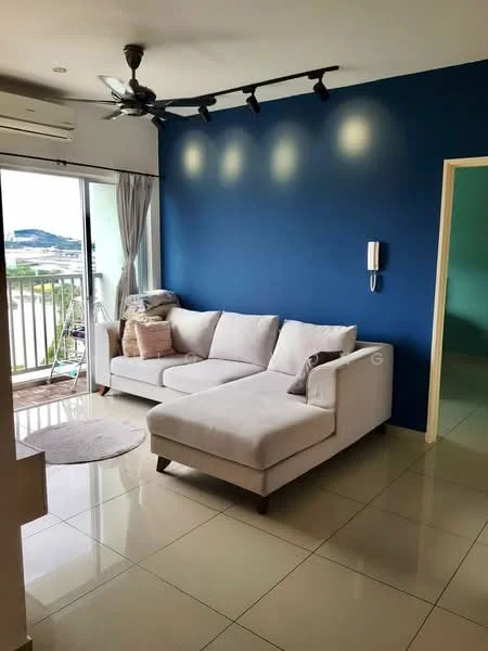Living features: L-shape sectional sofa in light grey, round area rug, blue accent wall, white painted walls, floor-to-ceiling sliding glass door, curtains, recessed LED downlights, 1 wall-mounted split AC, ceiling fan, coffee table, TV console; style: modern; view: city.