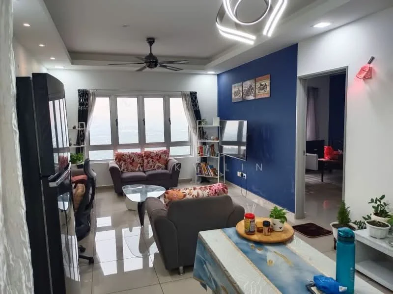 Living features: floor-to-ceiling windows, grey accent wall, white painted walls, polished tile flooring, 3-seater fabric sofa with floral pattern, 2-seater fabric sofa, coffee table, TV console, wall-mounted TV, ceiling fan, recessed LED downlights, decorative wall art, houseplants in ceramic pots; style: modern; view: sea. Dining features: dining table, wooden serving board, kitchen utensils, decorative items; style: modern.