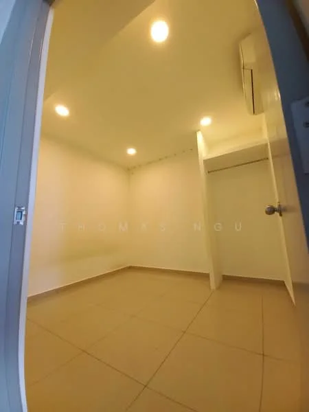 Room features: white painted walls, tile flooring, recessed LED downlights, 1 wall-mounted split AC, built-in wardrobe, neutral color scheme.