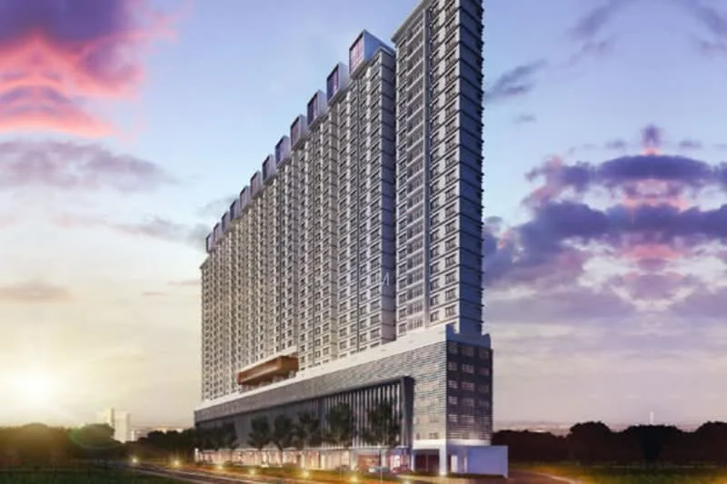 Exterior type: high-rise condominium; features: glass curtain wall, white painted facade, projecting balconies, feature lighting at night, approximately 20-storey high-rise, manicured lawn, surrounded by greenery; style: modern.