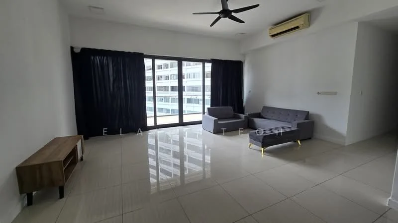 Living features: floor-to-ceiling windows, blackout curtains, 3-seater fabric sofa in grey, 2-seater fabric sofa in grey, wooden TV console, ceiling fan, wall-mounted air conditioning unit, glossy tile flooring, neutral painted walls; style: modern; view: city.