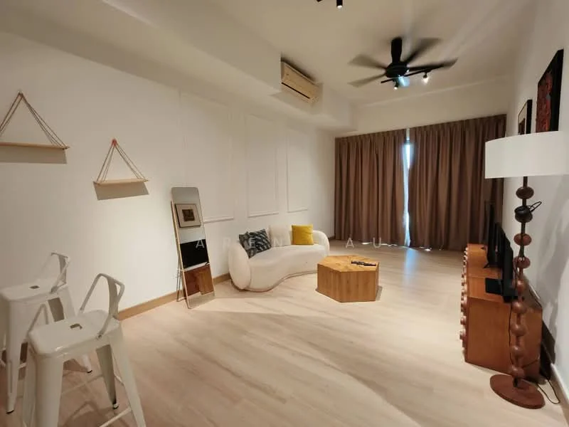 Living features: light wood flooring, white painted walls, 5-blade ceiling fan with light, large window with sheer curtains, brown curtain drapes, sofa in white upholstery, wooden coffee table, TV console, decorative wall art, mirror on wall, metal bar stools, decorative items on shelves; style: modern.