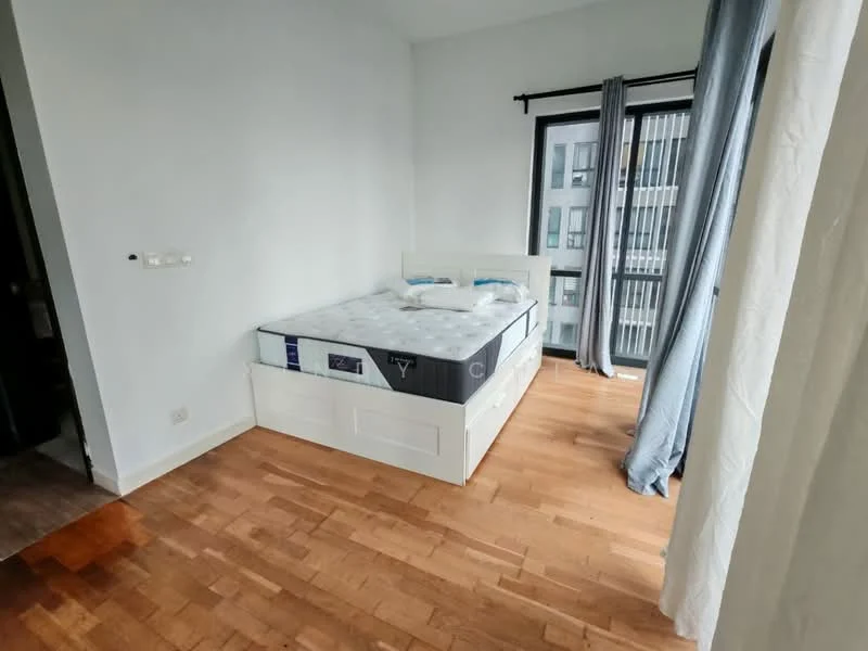 Bedroom features: queen-size bed, wooden flooring, white painted walls, floor-to-ceiling windows, sheer curtains, blackout curtains, built-in wardrobe, sliding mirror wardrobe; style: modern; view: city.