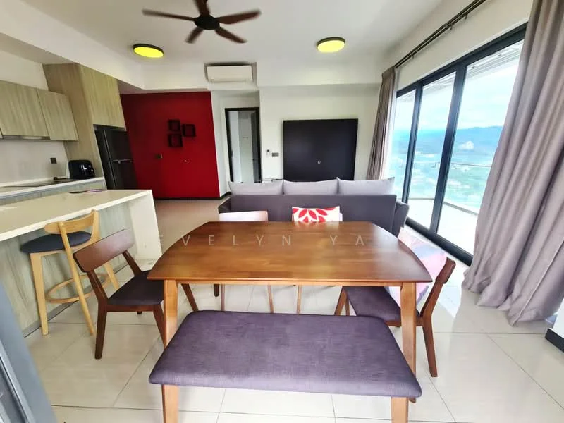 Dining features: wooden dining table, upholstered bench seating, 4 wooden dining chairs, 5-blade ceiling fan, floor-to-ceiling windows, grey sofa, red accent wall, light-colored cabinetry, white tiled flooring; style: modern; view: mountain.