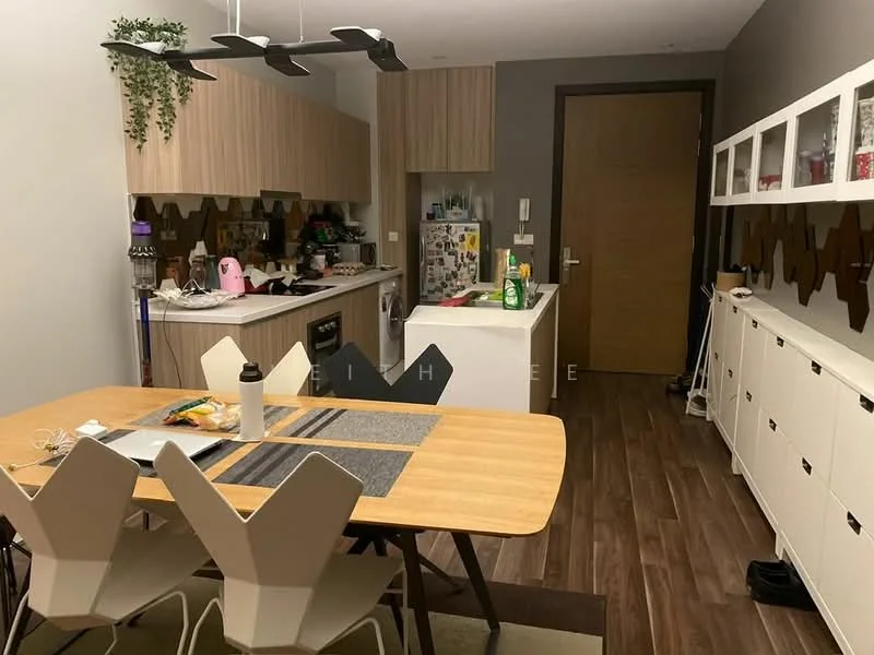 Kitchen features: wood cabinetry in light brown, white countertop, stainless-steel sink, chrome pull-down faucet, built-in refrigerator, freestanding oven, microwave, open shelving, dining table with 4 chairs, decorative plants, wooden flooring, recessed lighting, wall-mounted cabinets with glass doors; style: modern.