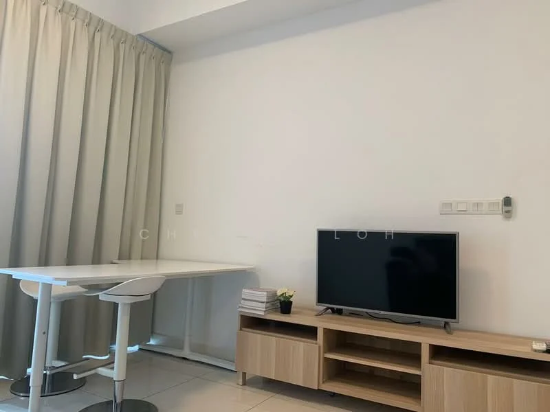 Living features: white painted walls, cream curtains, tile flooring, TV console in wood, flat-screen TV, white dining table, 2 white bar stools, decorative plant, stack of books; style: modern.