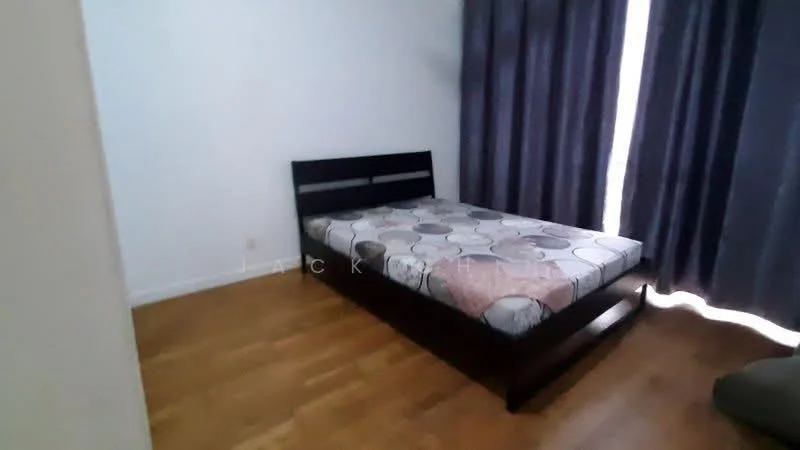 Bedroom features: queen-size bed, wooden bed frame, light wood flooring, floor-to-ceiling windows, dark grey curtains, white painted walls; style: modern.